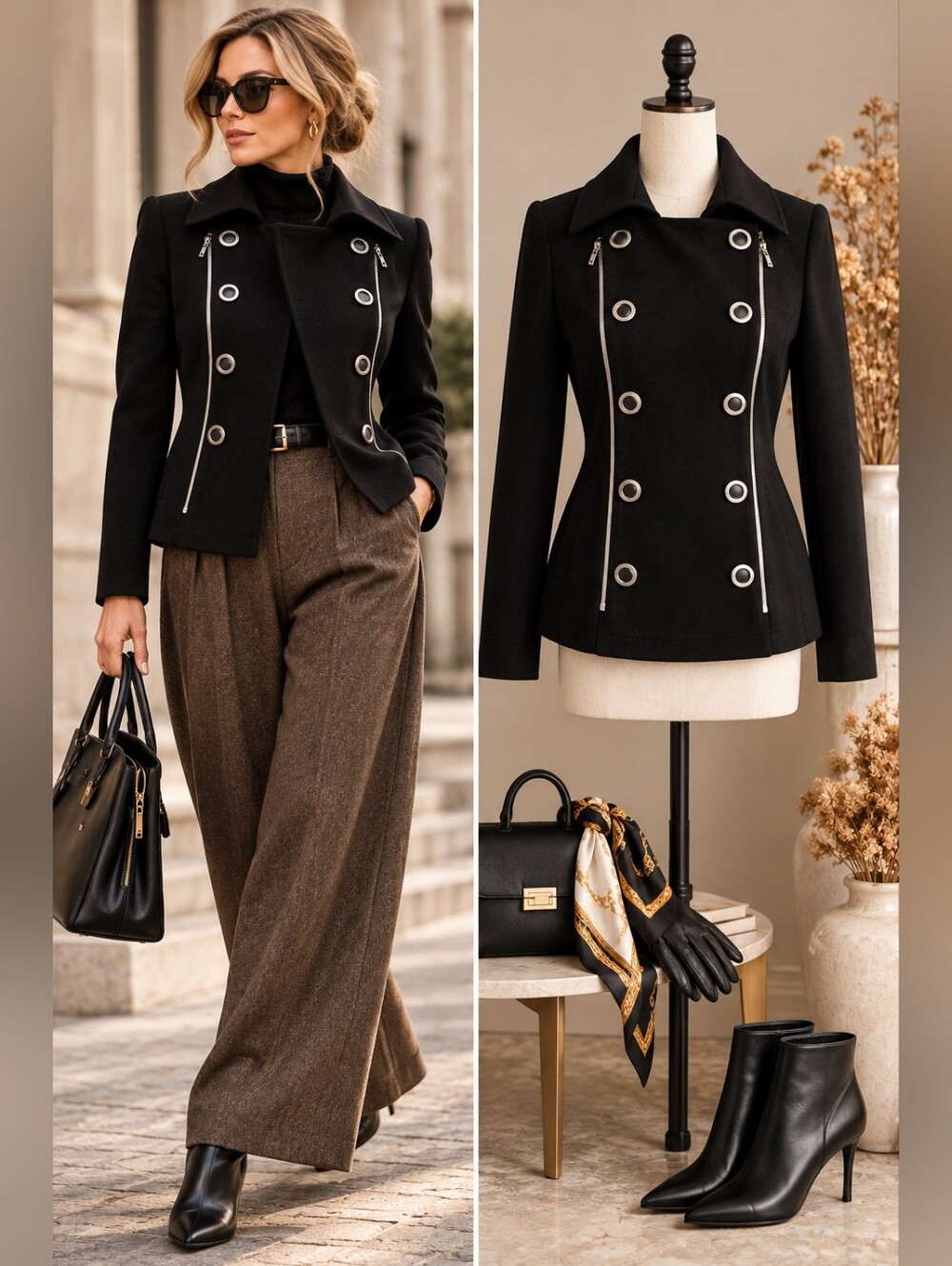 RUDSAK Black Military Jacket Tailored Double-Front Zip Antique gold-ton Hardware